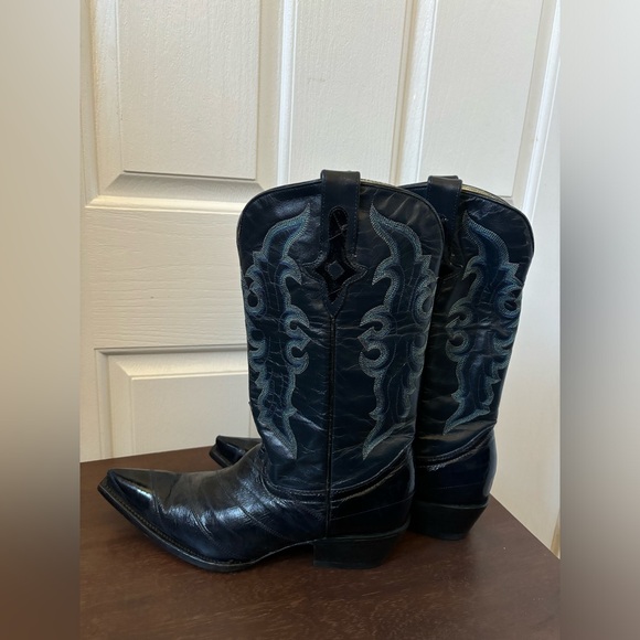 Je-Ver Cowboy Boots Men's 9.5 Leather Embroidered Western Pointed Navy Boots - Picture 4 of 16